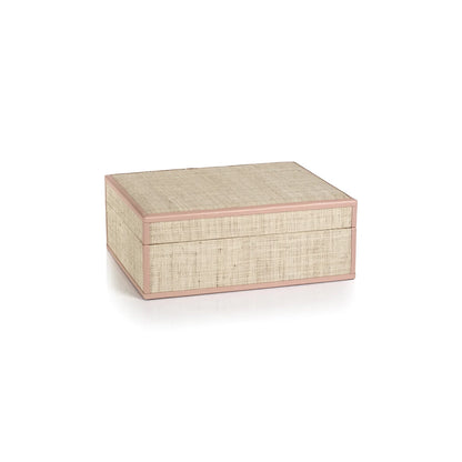 Boîte Lulu en raphia naturel avec bordure en cuir rose