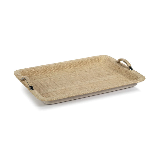 Plateau de service en raphia et chambray
