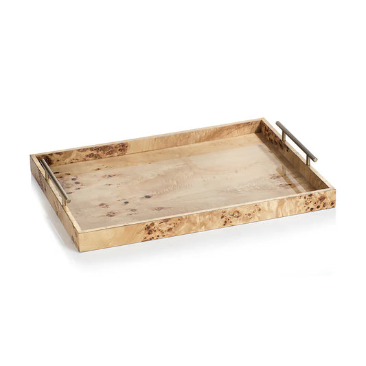 Plateau design en bois de loupe de Leiden avec poignées dorées