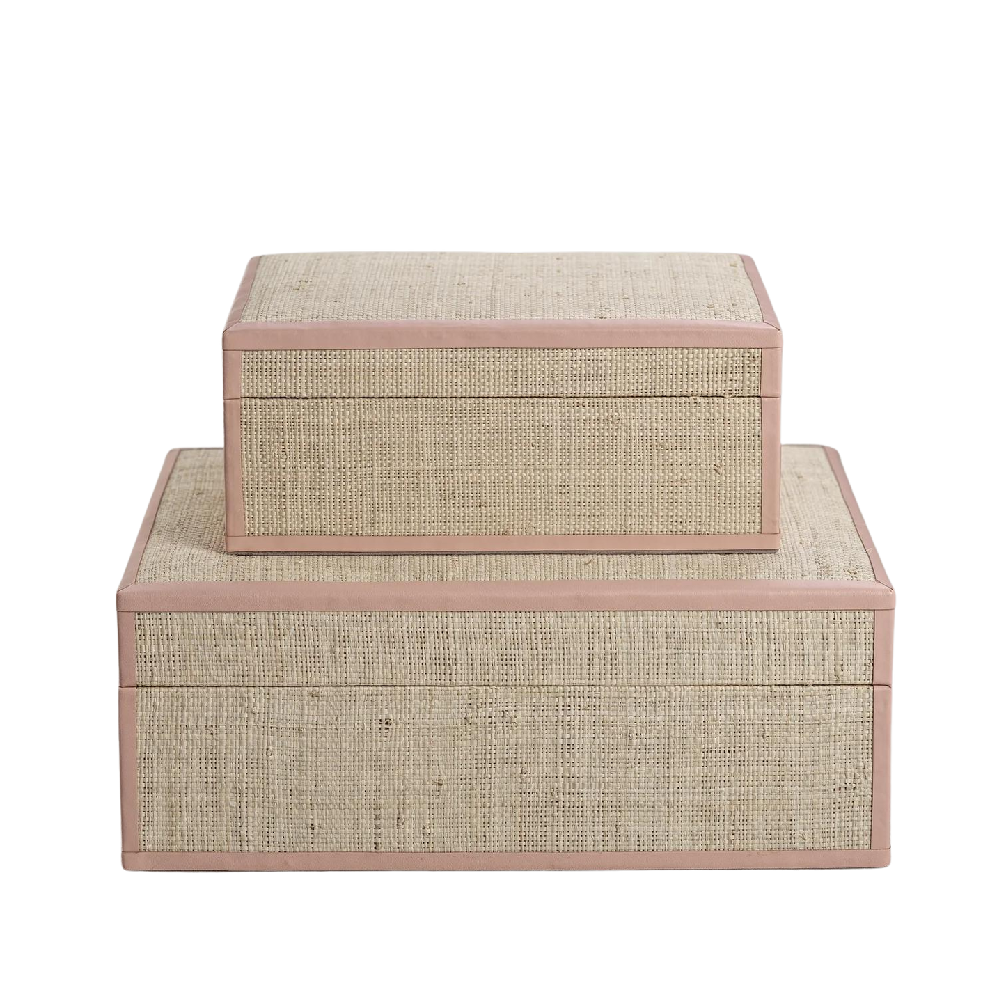 Boîte Lulu en raphia naturel avec bordure en cuir rose