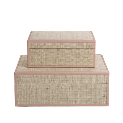 Boîte Lulu en raphia naturel avec bordure en cuir rose