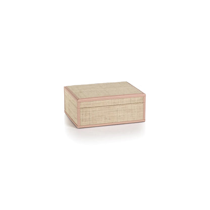 Boîte Lulu en raphia naturel avec bordure en cuir rose