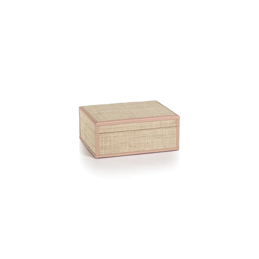 Boîte Lulu en raphia naturel avec bordure en cuir rose